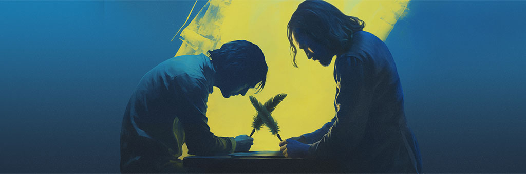 Two people silhouetted, holding quills and looking down at a table.